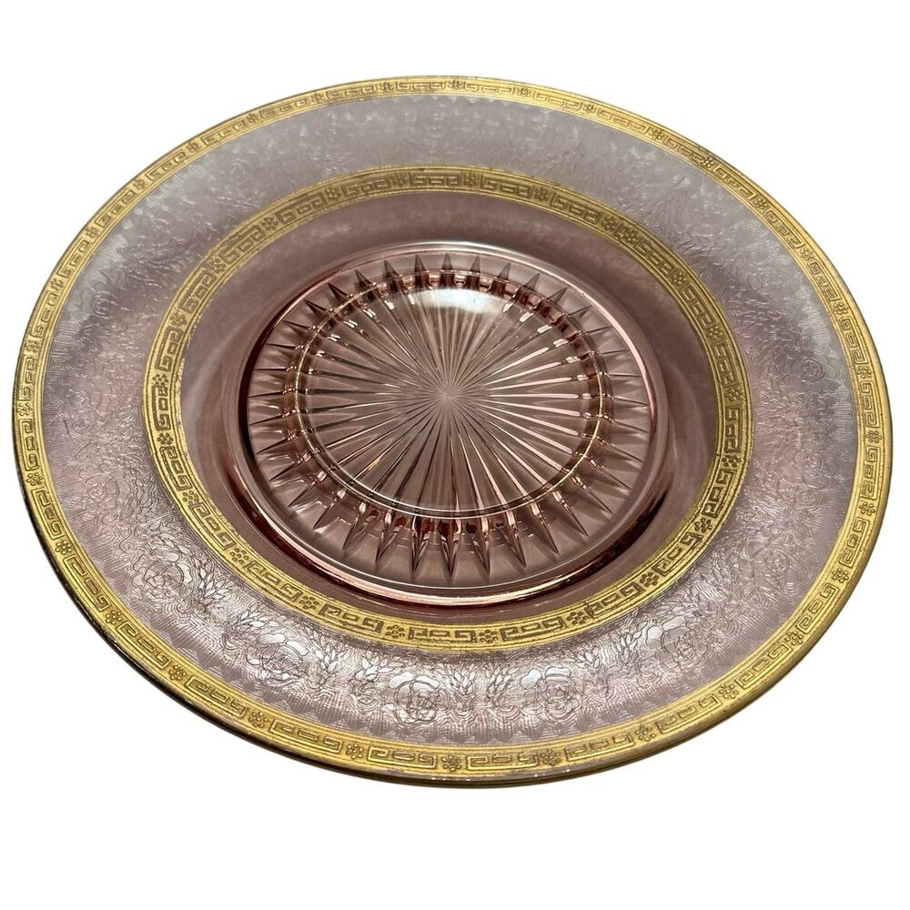 VTG Pink Depression Glass gold Greek Rose Plate etched 1930 encrusted geometric